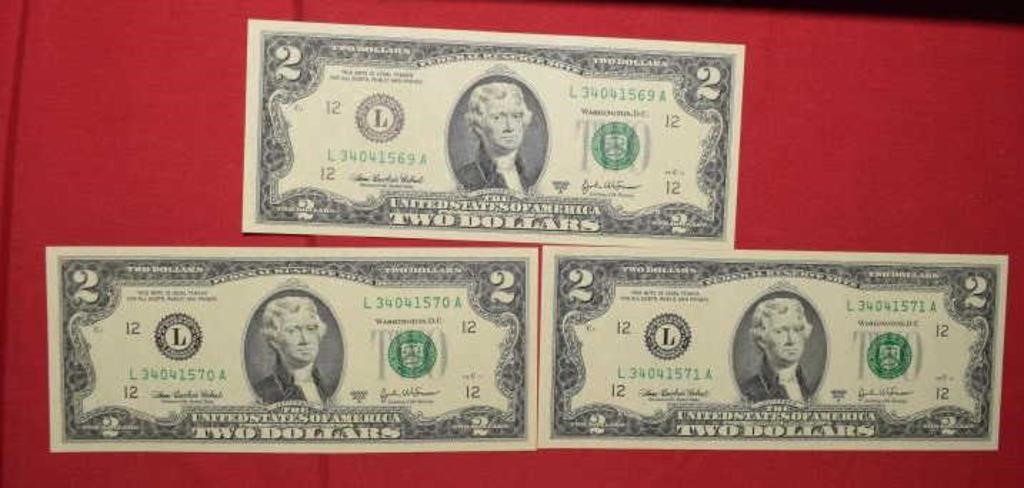Three Unc. Consecutive 2003A $2 Fed Reserve Notes