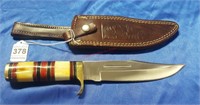 White & Red Handle Knife W/ Leather Sheath