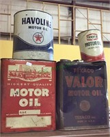4 antique motor oil tins, Taxaco, Havoline,