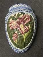 Iris in blue weave ceramic wall pocket, Japan