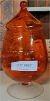 ORANGE COLOR GLASS DISH WITH LID & CLEAR PEDASTAL