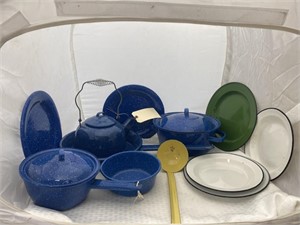 Pile of Graniteware-Ladle Teapot Skillet Plates