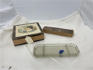 Wood Dominoes Glass Tray Cigar Box