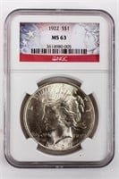Coin 1922-P Peace Silver Dollar NGC MS63