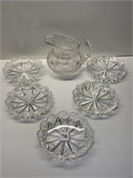 5 CUT GLASS DISHES 6" ROUND AND CUT PITCHER SMALL