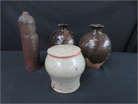 3 POTTERY VASES, POTTERY LIDDED COOKIE JAR