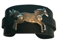 Wide Leather Cuff Bracelet with Silver Horse