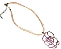 Rose Abstract Necklace Pink Rhinestones & Leather
