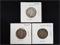 3 Barber Silver Quarters 1914, 1916, 1916 D