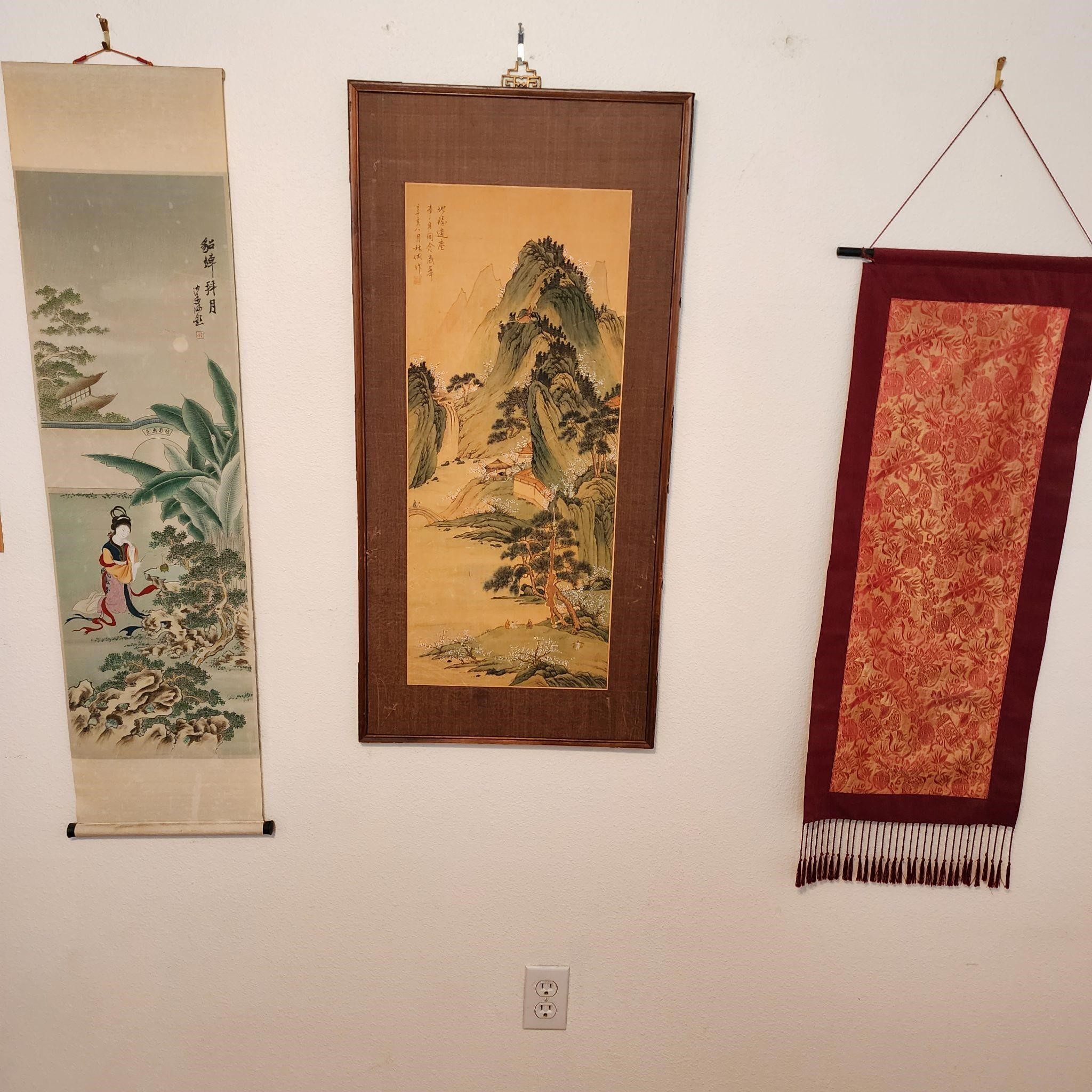 3 Vintage Asian Wall Decor Scroll Tapestry