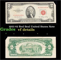 1953 $2 Red Seal United States Note Grades vf deta