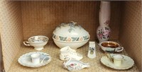 Shelf lot of misc vases tea cups plates and more