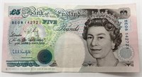 Bank of England 5 Pound Note, Equal To $6.16 US