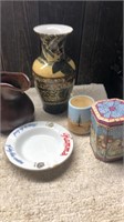 Stoneware Pitcher, Vase, Hamms Ashtray,Cup & Tin