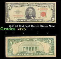 1963 $5 Red Seal United States Note Grades vf+