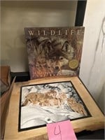 -WILD LIFE BOOK AND WOODEN  WOLF PHOTO