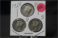 1928 Mercury Silver Dimes P.D.S.