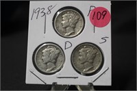 1938 Mercury Silver Dimes P.D.S.