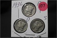 1936 Mercury Silver Dimes P.D.S.