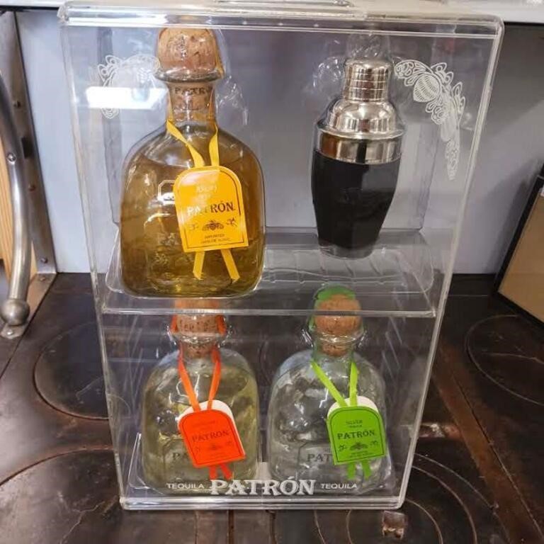 Patron Tequila with drink shaker and display case