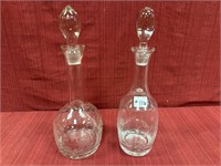 2 Etched Flower Glass Decanters, 15 inches