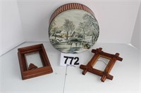 (2) Vintage Wood Frames & (1) Cookie Tin (U249)