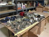 Lot stainless steel pots, pans, mismatch lids,