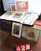 lot asst. Oriental prints & art work, stamps