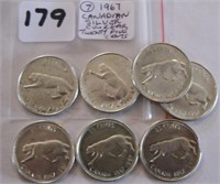 7 Canadian 1967 Cougar  Twenty Five Cents Coins