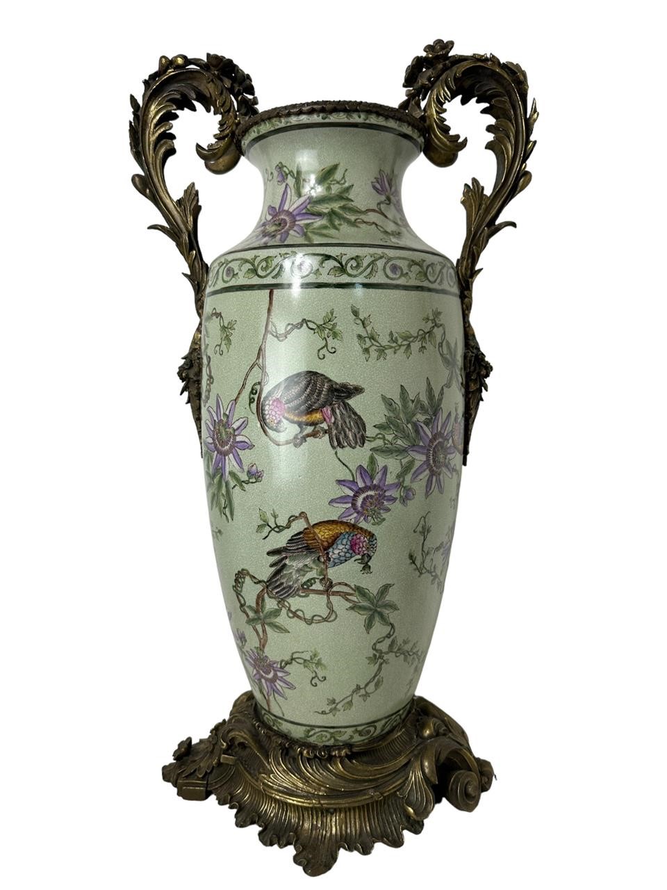 Large 2 Handle French Style Bird & Floral Vase