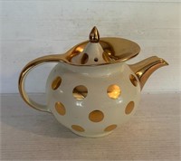 Vintage 1940's HALL Tea Pot White Gold Polka Dot