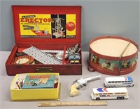 Toys Lot; Ohio Art Drum; Erector Set etc