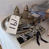 SILVER PLATE TRAY, SALT & PEPPER SHAKERS, ICE