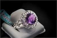 14k White Gold Amethyst with Diamonds Ring