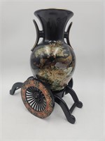VTG Japanese Black Peacock Vase & Stand