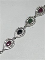 Sterling Silver Ruby Emerald Sapphire Bracelet