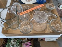 Glass pitcher, bowls and footed cover dish