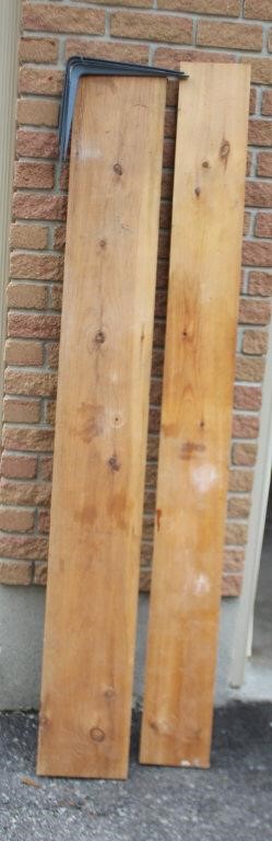 Two pine boards with shelving brackets, 71.5 " &
