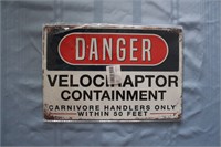 Retro Tin Sign: Danger Velociraptor Containment
