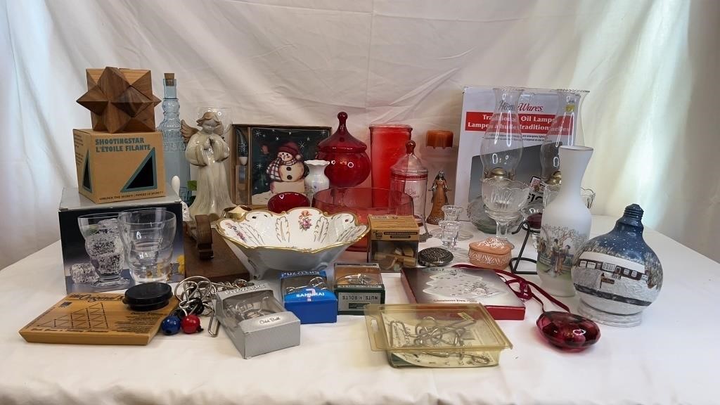 ASSORTED ITEMS, INCL. RUBY GLASS, OIL LAMPS, DECOR