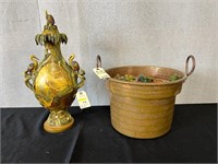 Crane Motif Lidded Vase, Basket w/Fake Fruit