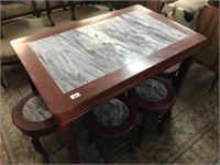 CHINESE  MARBLE TOP TABLE AND 6 STOOLS