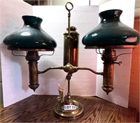 Belgian Brass Oil Lamp w/ Double Emerald Shades