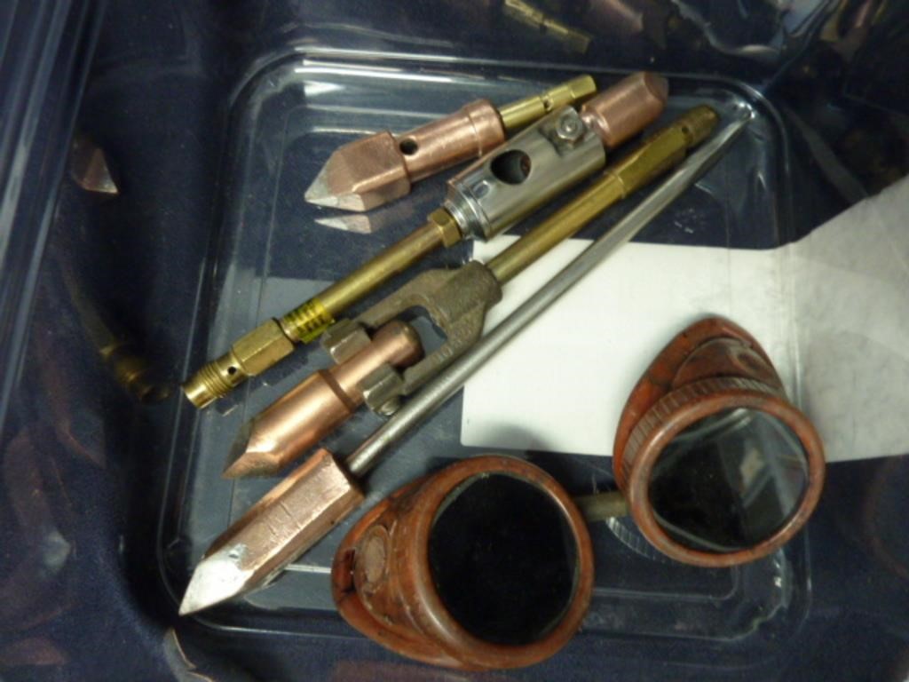 COPPER SOLDERING IRON ENDS AND ANTIQUE GOGGLES