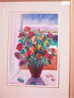 Framed still life painting of flowers in a window