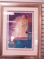 Mixed media painting in blues, purples and