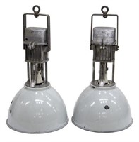 (2) VINTAGE INDUSTRIAL ENAMELED DOME HANGING LAMPS