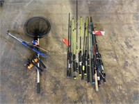 16 Fishing Rods & Fish Net Pole