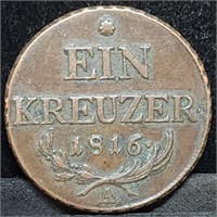 1816 A Austria Ein Kreuzer Large Copper Coin