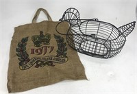 Wire chicken basket and burlap bag